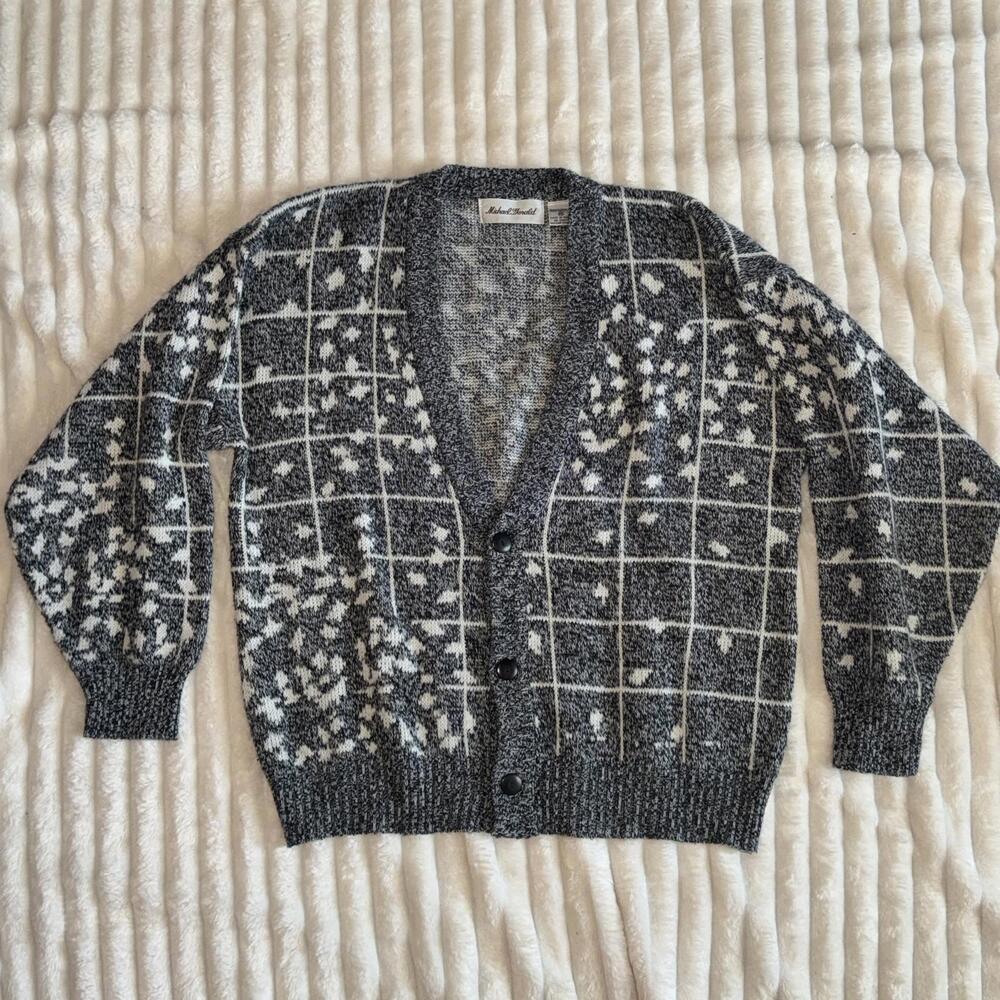 Vintage Mens Cardigan Geometric Button Up Sweater Grandpa Cosby 80s 90s Academia